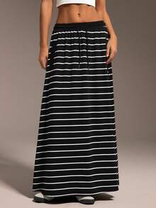 Hanevo Casual Elastic Waist Striped Pocket Skirt, Suitable For Sports, Commuting And Outings Fall Cloth For Women