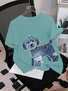 Áo thun cổ tròn in hình chú chó thường ngày dành cho nữ - Màu xanh bụi bặm - Xem 3