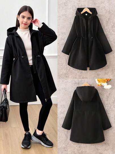 SHEIN Tween Girl Casual Minimalist Comfortable Hooded Mid-Length Drawstring Jacket, Autumn/Winter Fall