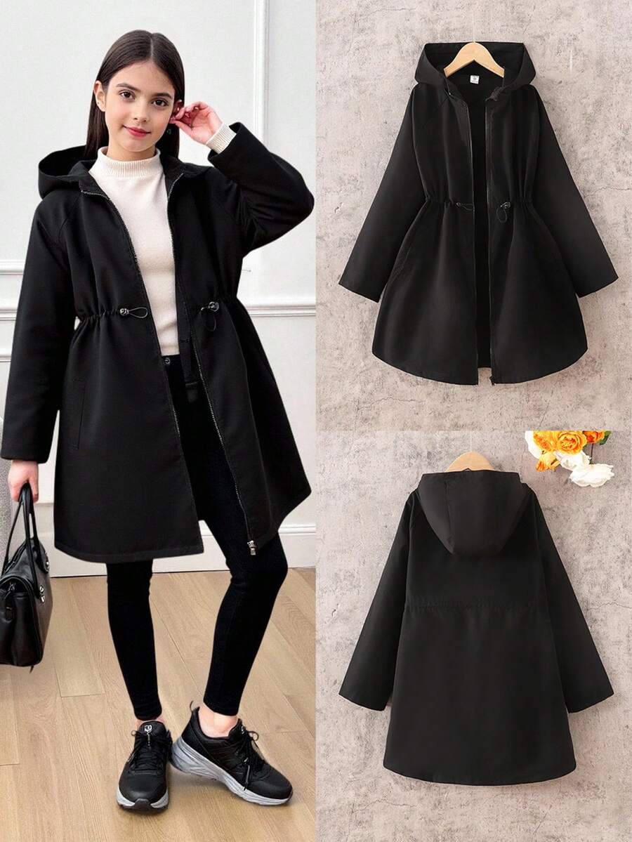 SHEIN 青少年女孩休闲简约舒适连帽中长抽绳夹克，秋冬 - 黑色 - 查看 1