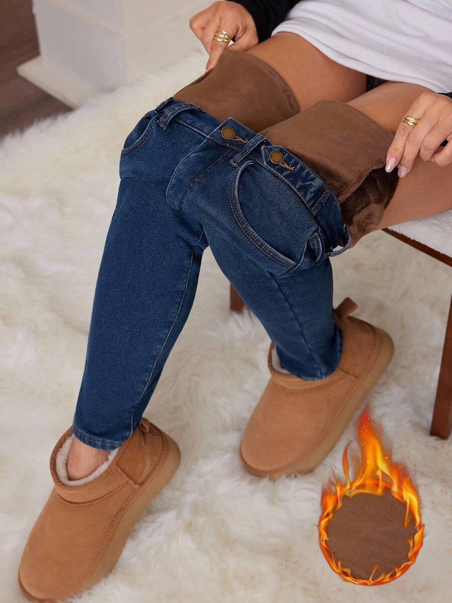 SHEIN PETITE 女士秋冬保暖内衬斜插口袋修身牛仔裤 - 深色水洗藍 - 查看 1