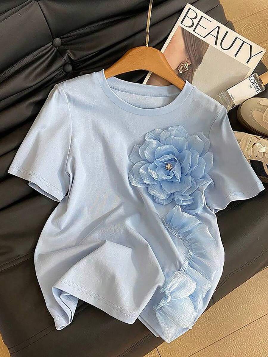 SHEIN LUNE 女士 3D 花卉装饰短袖 T 恤，优雅夏日