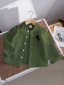 SHEIN 1 件男童休闲校园运动军绿色长袖衬衫，适合春、夏、秋、冬 - 軍綠色 - 查看 3