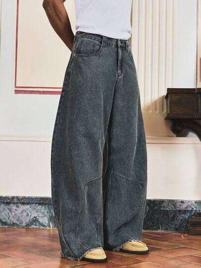 SWAVVY 男士休闲黑灰色梭织长款宽松牛仔裤