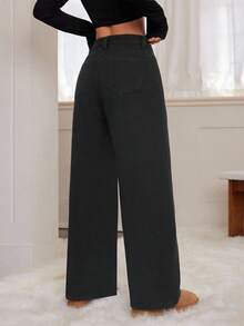 SHEIN PETITE 女士休闲日常简约通勤纯色宽松阔腿保暖牛仔裤，秋冬 - 黑色 - 查看 5