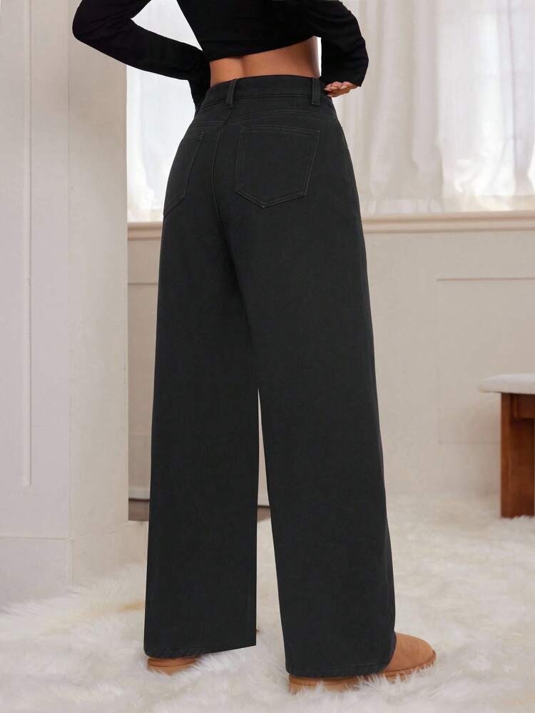 SHEIN PETITE Women's Casual Everyday Simple Commuting Solid Color Loose Wide-Leg Thermal-Lined Jeans, Autumn/Winter - Black - View 5