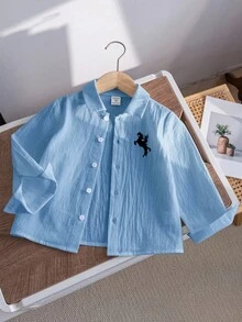 Souflis Souflis 1pc Boys' Casual Versatile School Sports Blue Shirt With Horse Print, Long Sleeve, Suitable For Spring, Autumn, All Seasons Fall Winter - Blue - View 5