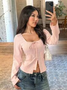 Chiquease Bluzka retro ChicEase z falbanką z przodu i długim rękawem, kołnierzem w kształcie kwadratu, swobodnymi strojami, wiosennymi ubraniami na studia - Różowy - Zobacz 5