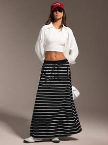 Hanevo Casual Elastic Waist Striped Pocket Skirt, Suitable For Sports, Commuting And Outings Fall Cloth For Women