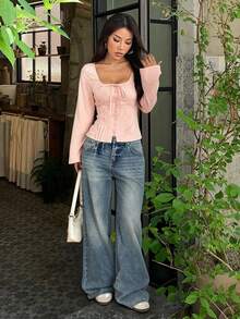 Chiquease Bluzka retro ChicEase z falbanką z przodu i długim rękawem, kołnierzem w kształcie kwadratu, swobodnymi strojami, wiosennymi ubraniami na studia - Różowy - Zobacz 6