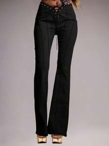 MUSERA Quần jeans ống loe cạp thấp, thắt dây, ôm sát, có chi tiết đường may, phù hợp cho mùa hè, phong cách boho, lễ hội, câu lạc bộ, tiệc tùng, mùa đông, miền Tây, cao bồi, Nashville, tiệc tùng sang trọng, mùa xuân. - màu đen - Xem 2