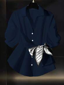 Franclia Women's Solid Color Pleated Polo Collar Short Sleeve Cinched Waist Scarf Versatile White Blouse, Summer