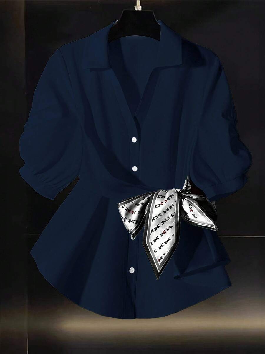 Franclia Women's Solid Color Pleated Polo Collar Short Sleeve Cinched Waist Scarf Versatile White Blouse, Summer