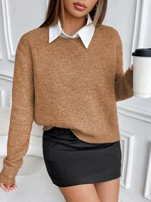 EMERY ROSE Casual Style Solid Color Crew Neck Knit Long Sleeve Sweater Fall Winter Cloth For Women - Rust Brown - View 3