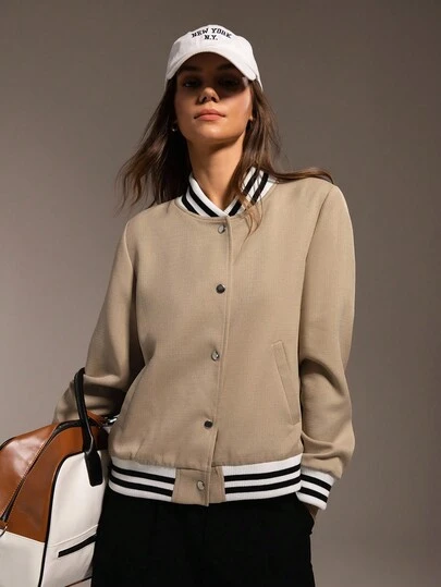 Hanevo Women's Casual Striped Patchwork Long Sleeve Jacket, Suitable For Sports, Campus, Street Wear