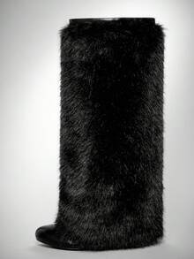 SHUZIA Women Fashion Furry Wadge Heel Winter Warm Comfortable Knee-High Boots For Christmas - Black - View 7