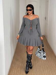 Maweii 2pcs/Set Sexy Hollow Out Lace-Up Long Sleeve Crop Top For Plus Size