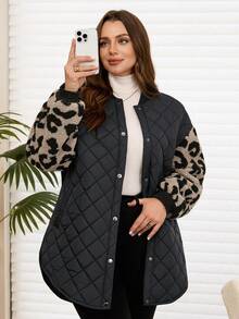 EMERY ROSE Áo khoác mùa đông dài tay, cài cúc đơn, cổ áo bóng chày, họa tiết da báo, phối màu, cỡ lớn dành cho nữ. Áo khoác cỡ lớn, áo khoác mùa đông cỡ lớn, áo khoác chần bông cỡ lớn, áo khoác họa tiết da báo cỡ lớn, áo khoác mùa đông cỡ lớn dành cho nữ, áo khoác năm mới cho nữ, áo khoác thường ngày cho nữ, áo khoác họa tiết da báo. - màu đen - Xem 5