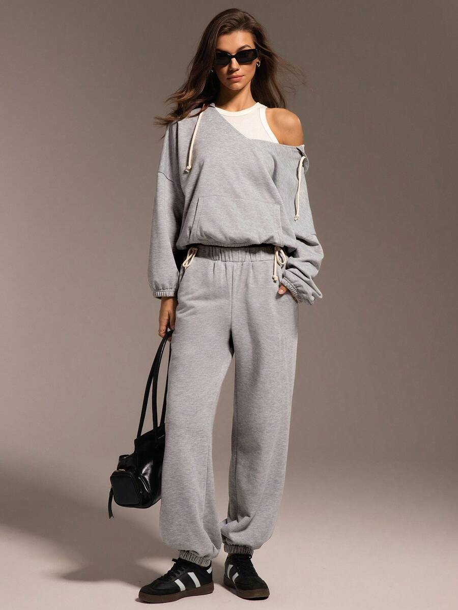 Hanevo Bộ 2 áo hoodie dáng rộng thoải mái dạo phố có túi và quần cạp chun có dây rút - Màu Xám nhạt - Xem 1