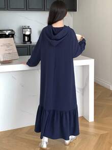 SHEIN 少女学院风字母图案荷叶边下摆连帽连衣裙 - 藏蓝色 - 查看 2