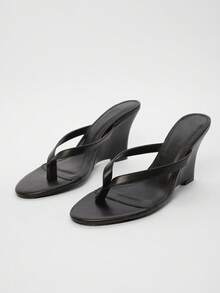 Solezae 女士鞋履夏季日常休闲度假PU黑色高跟坡跟凉鞋 - 黑色 - 查看 3