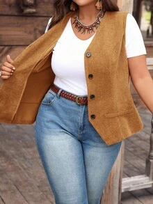 EMERY ROSE Plus Size Women Solid Color Single-Breasted Corduroy Vest Coat, Autumn, Fall For Women, Western Wear Women, Autumn Winter - Khaki - View 7