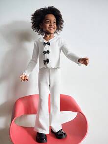 Maija Kids Maija Kids 2件套少女V领蝴蝶结装饰长袖T恤和裤子套装 - 白色 - 查看 1