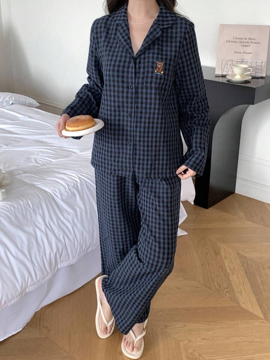 2pcs Teen Girl Cute Navy Blue Winter Family Matching Pajama Set Korean Style Bear Decor Lapel Button Up Patches Checkered Fall Sleepwear Girl - Navy Blue - View 1