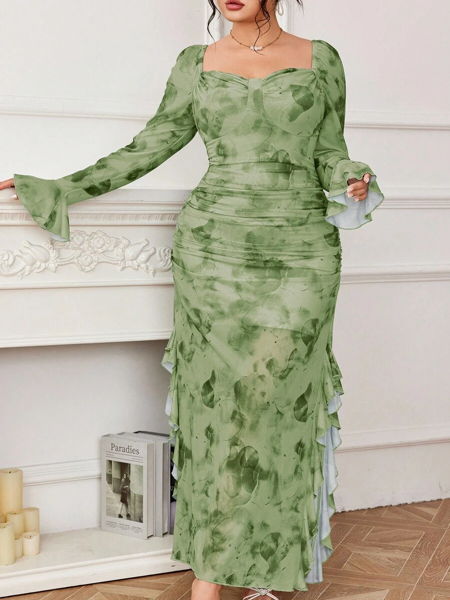 Modelyn Đầm lưới in hoa xẻ tà gợi cảm thanh lịch cho nữ - màu xanh lá - Xem 1