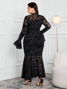 Modelyn Váy dài tay họa tiết hoa lưới ôm sát thanh lịch đuôi cá cỡ lớn cho nữ - màu đen - Xem 2