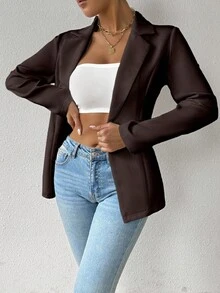 SHEIN Unity Women's Solid Color Lapel NeckLong Sleeve Single-Button Casual Blazer Jacket, Autumn - Mocha Brown - View 4