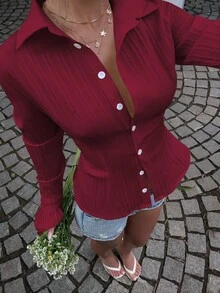 Sunnyshic White Striped Button-Front Ruffle Cuff Long Sleeve Fitted Shirt, Minimalist Style For Commuting, Casual, Elegant Daily Wear, Women Spring/Summer - Burgundy - View 3