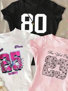 少女数字印花圆领短袖休闲T恤 - 彩色 - 查看 3