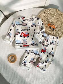 SHEIN Playful Pals 2件套幼儿男童圆领长袖针织汽车卡通图案毛绒面料睡衣套装 - 卡其色 - 查看 4