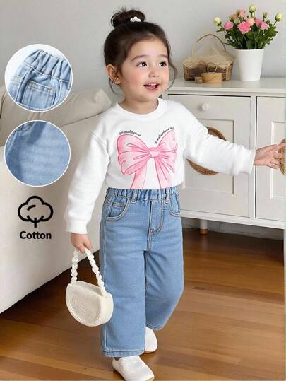 女童休闲户外舒适棉质简约浅色水洗蓝色多色猫须松紧腰宽松牛仔裤