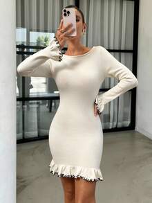 Lavishia 女式优雅拼色荷叶边下摆修身针织连衣裙，秋冬 - 白色 - 查看 1