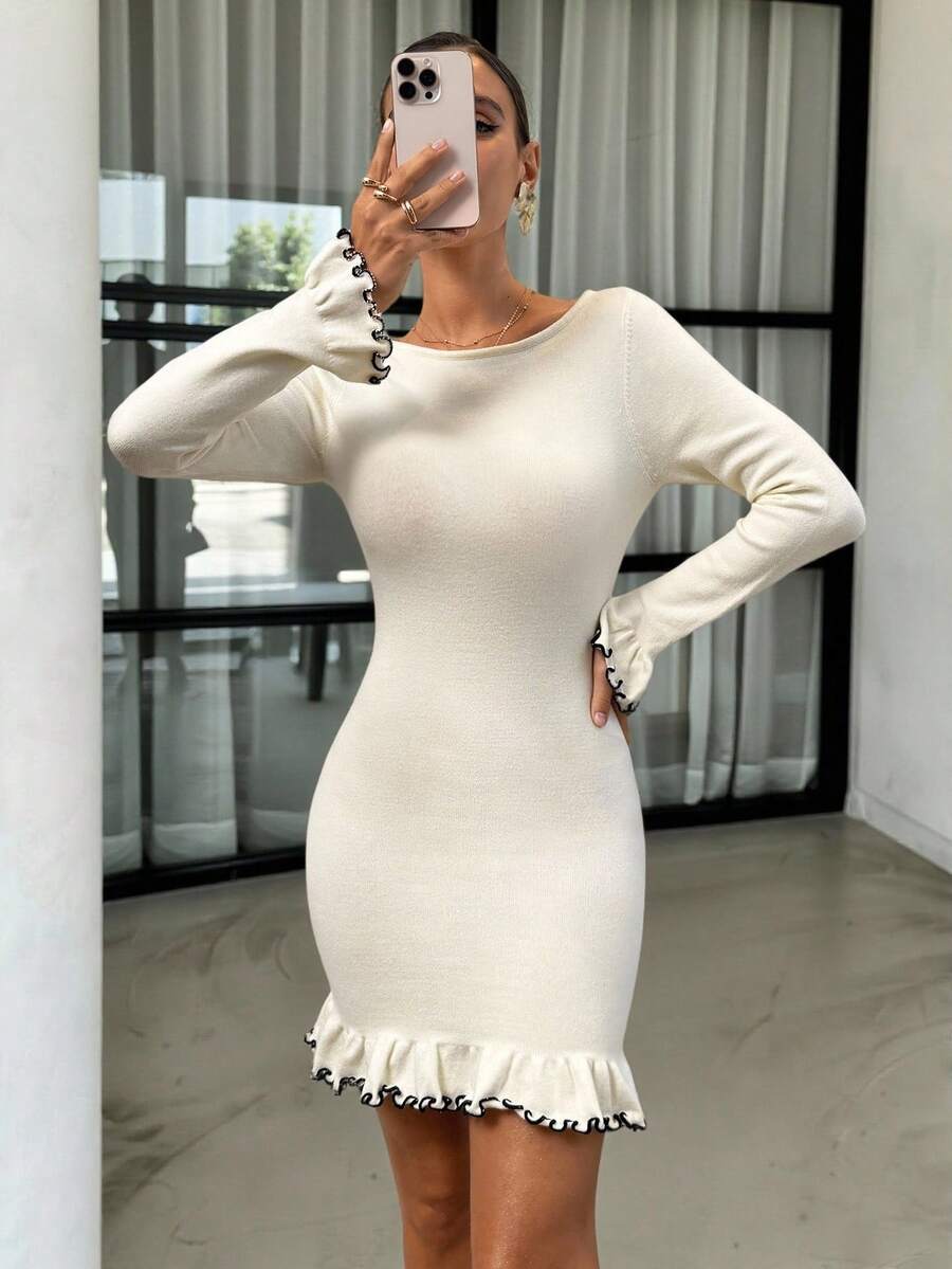 Lavishia 女式优雅拼色荷叶边下摆修身针织连衣裙，秋冬 - 白色 - 查看 1