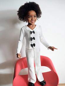 Maija Kids Maija Kids 2件套少女V领蝴蝶结装饰长袖T恤和裤子套装 - 白色 - 查看 4
