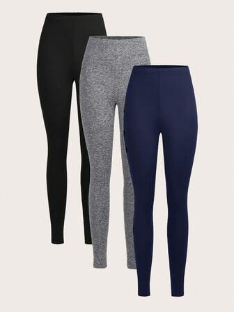 Slaydiva 3 Set Multicolor Casual Knit Slim Fit Legging Pants For Women, Long Style, Summer Suitable For Going Out Fall Clothes Women's Sportswear