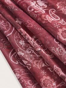 SHEIN ICON 女士外出夏威夷波西米亚风佩斯利印花西部性感度假喇叭长袖透视腰腰果印花网眼衬衫 - 酒紅色 - 查看 4