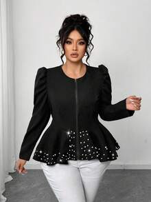 Elenzga Chaqueta vintage negra con mangas abullonadas para mujer de talla grande, con decoración de perlas en el bajo, cuello redondo y cremallera