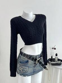 SHEIN Unity Women Casual Solid Color V-Neck Fitted Cropped Cable Knit Pullover Sweater Knit Pullover Fall Winter - Black - View 4