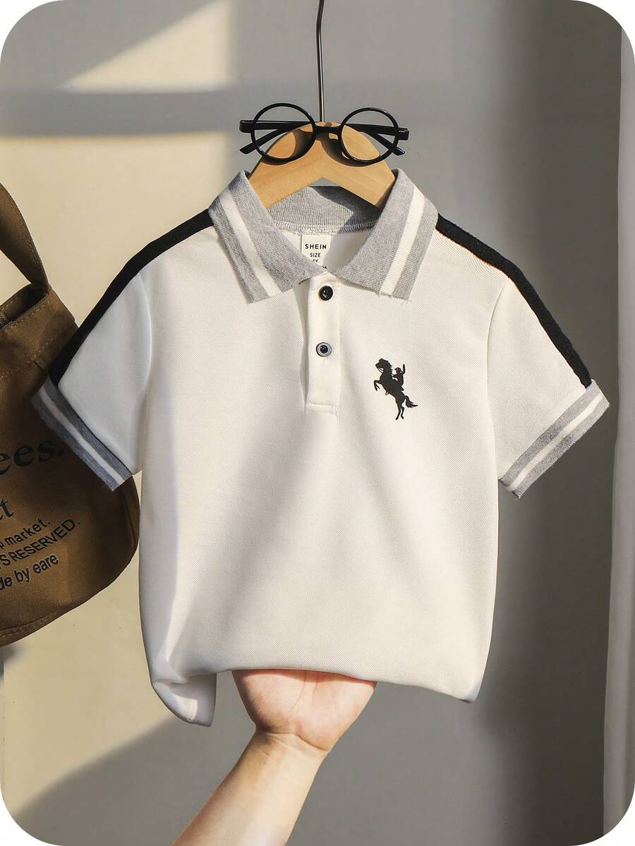 男童舒适休闲百搭英式图案撞色袖 Polo 衫 - 灰色 - 查看 1