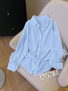 INAWLY Plus Size Women's Casual Everyday Commute Simple Solid Color Drop Shoulder Loose Button-Up Shirt, Spring/Autumn Fall Cloth For Women