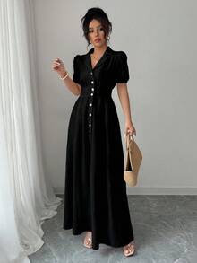 Elenzga Vestido camisa de manga abullonada, cuello de solapa, abotonadura sencilla, unicolor, talla grande para mujer de verano - Negro - Ver 5