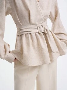 Aalyst Women's Elegant Beige Autumn Linen Cotton Blend V-Neck Ruffle Hem Lantern Sleeve Blouse,Minimalist Office Fashionable Commuting Dual-Color Fall Top - Apricot - View 4