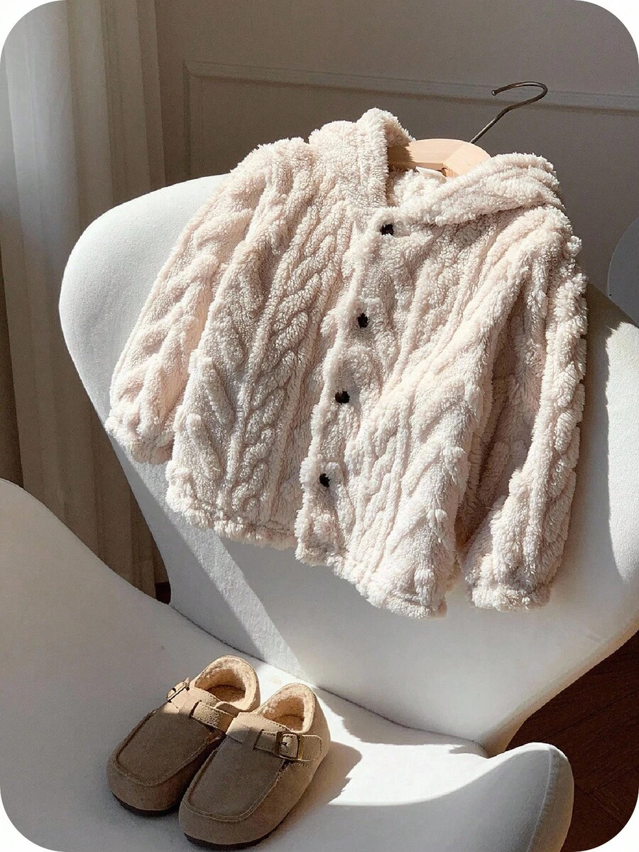 男女款婴儿休闲可爱杏色羊毛连帽拉链夹克，秋冬婴儿服装 - 彩色 - 查看 1