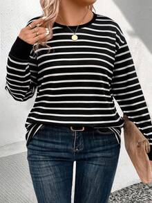 EMERY ROSE Women's Striped Pattern Print Crew Neck Long Sleeve Casual Versatile Plus Size T-Shirt, Autumn/Winter - Multicolor - View 1