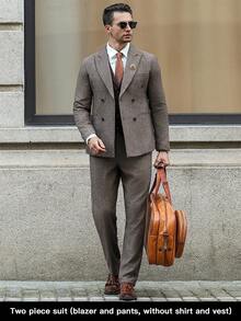 Calvornis 男士商务缺口翻领双排扣西装外套和裤子套装 - 咖啡棕 - 查看 1