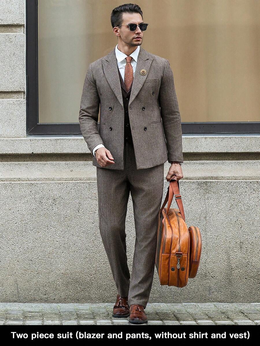 Calvornis 男士商务缺口翻领双排扣西装外套和裤子套装 - 咖啡棕 - 查看 1